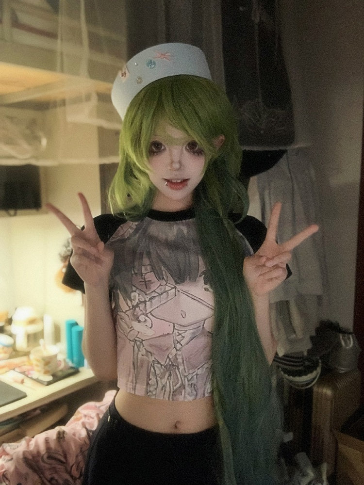 Black Cartoon Girl Print Graphic T-shirt