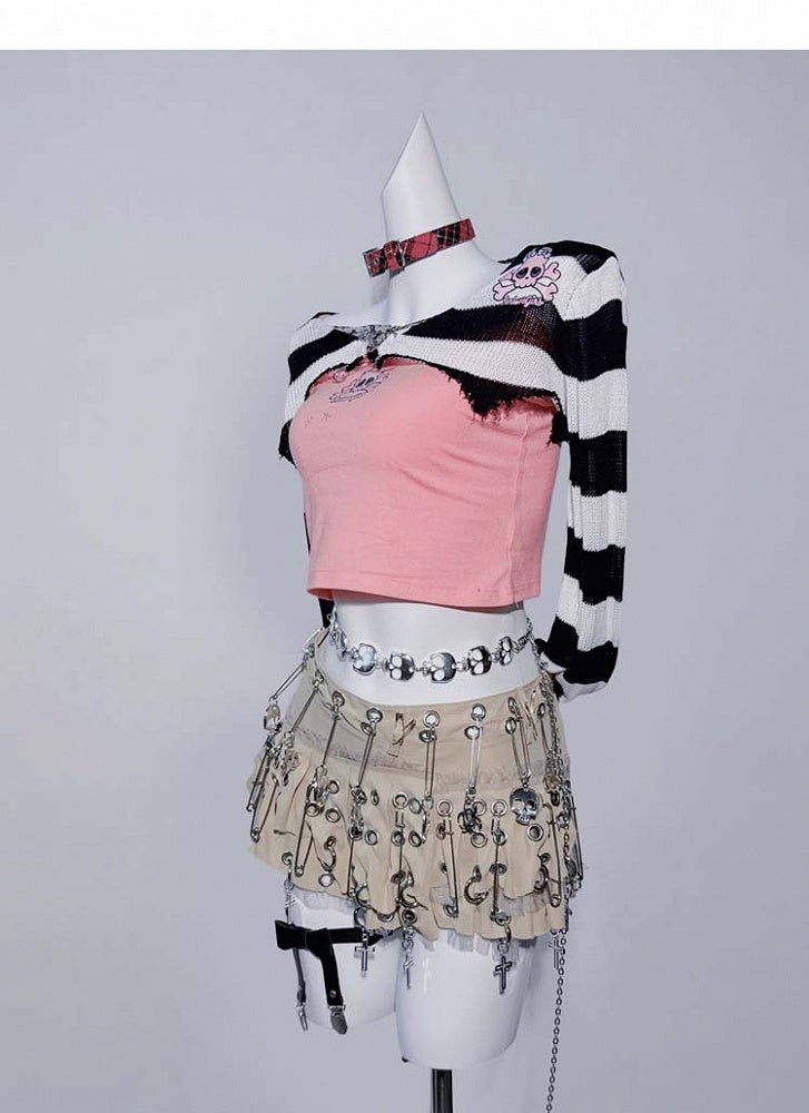 Punk Khaki Asymmetrical Hem Pin Skeleton Cross Design Skirt