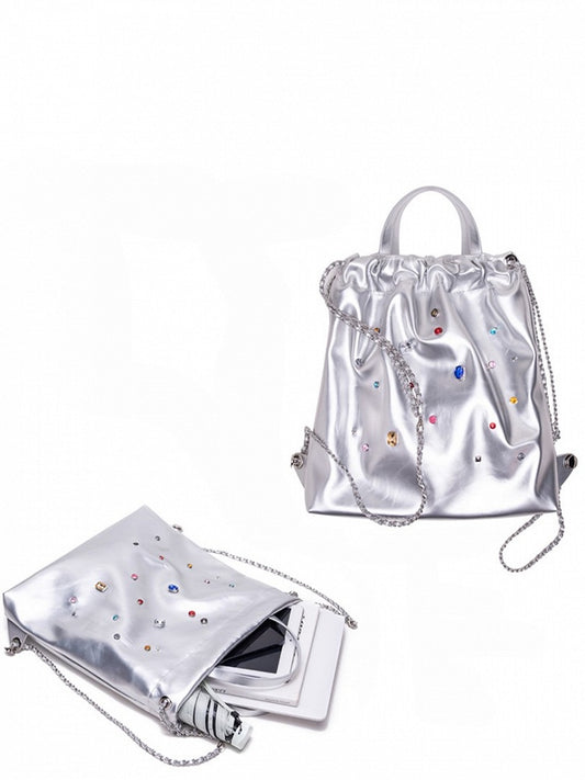 Glamorous Silver Drawstring Backpack With Rhinestone Embellishments
