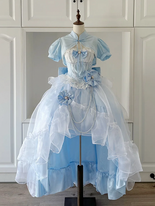Plus Sizes Available Blue Princess Lolita Boned Waist Top + High-low Cascading Flounce Skirt