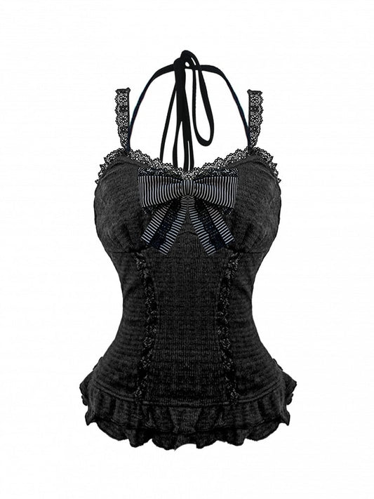 Gothic Black Lace Cami Top with Detachable Striped Bow