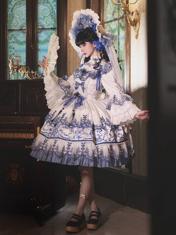 Butterfly Fabric Blue and White Porcelain Embroidery Chinoiserie Style Lolita Dress Short Version