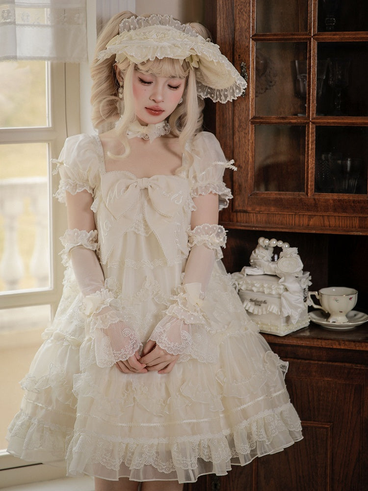 Embroidered Big Bow Neckline Creamy White Short Puff Sleeves Lolita Dress