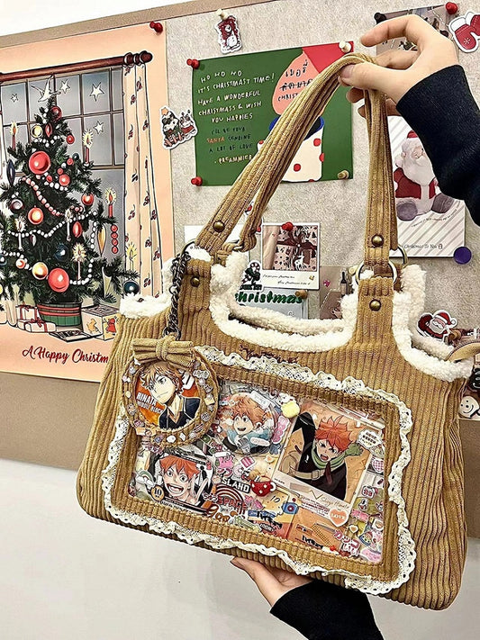 Coffee Corduroy Lace Trim Daily Ita bag with Card Holder Charm