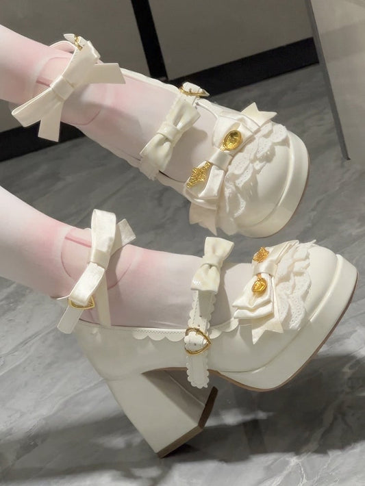 PU Leather Off-white 8cm High-heel Shoes for Lolita - Multi-Tier Lace Detailing, Bow Decor & Romantic Heart Clasp