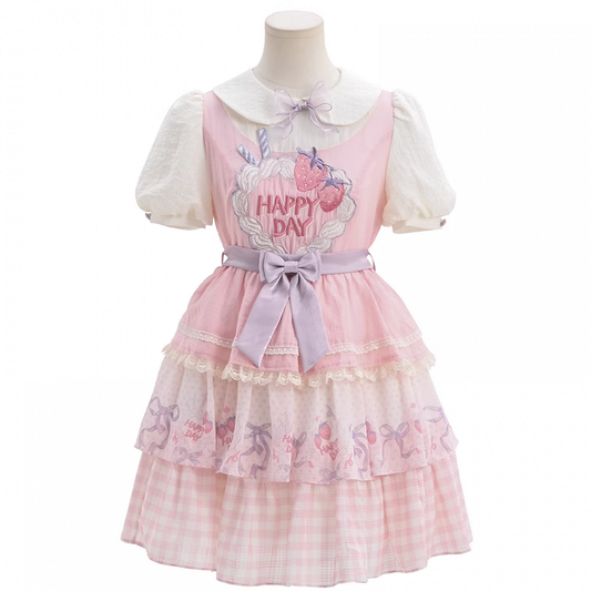 Pink Peter Pan Collar Strawberry Cake Embroidery Tiered Skirt Sweet Lolita Dress