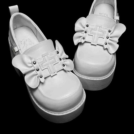 Punk Cross Wings White Jirai Kei Platforms High Block Heel
