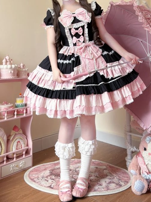 Black and Pink Sweet Bow Accents Short Sleeves Dress Lolita One Piece