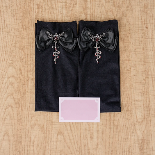 Gothic Red Metal Snake Black Bowknot Accents Jirai Kei Over Knee Stockings Regular/Long Version