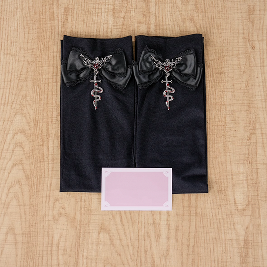 Gothic Red Metal Snake Black Bowknot Accents Jirai Kei Over Knee Stockings Regular/Long Version