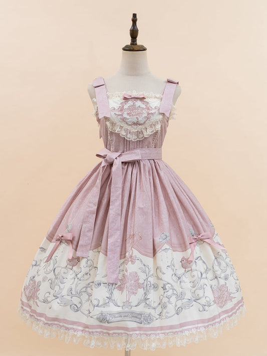 Pink Titmouse and Floral Print Lolita Jumper Skirt