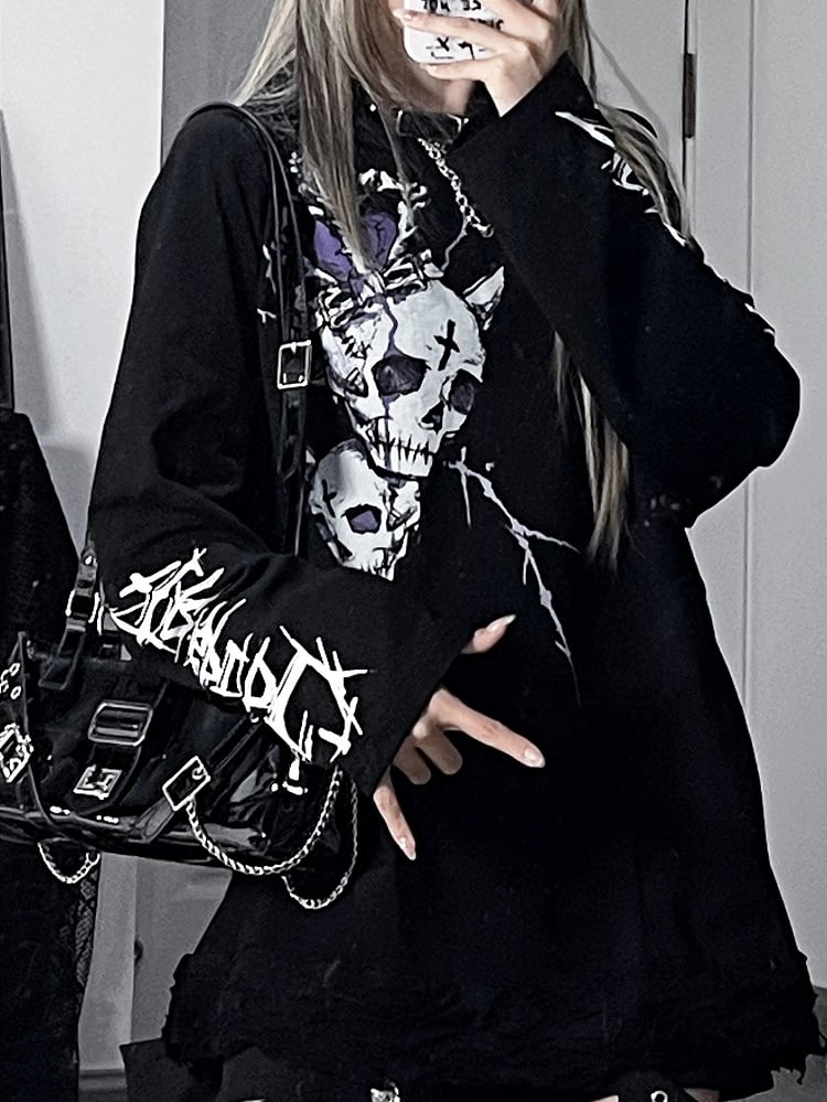 Black Emo Punk Skeleton And Letter Print Hoodie