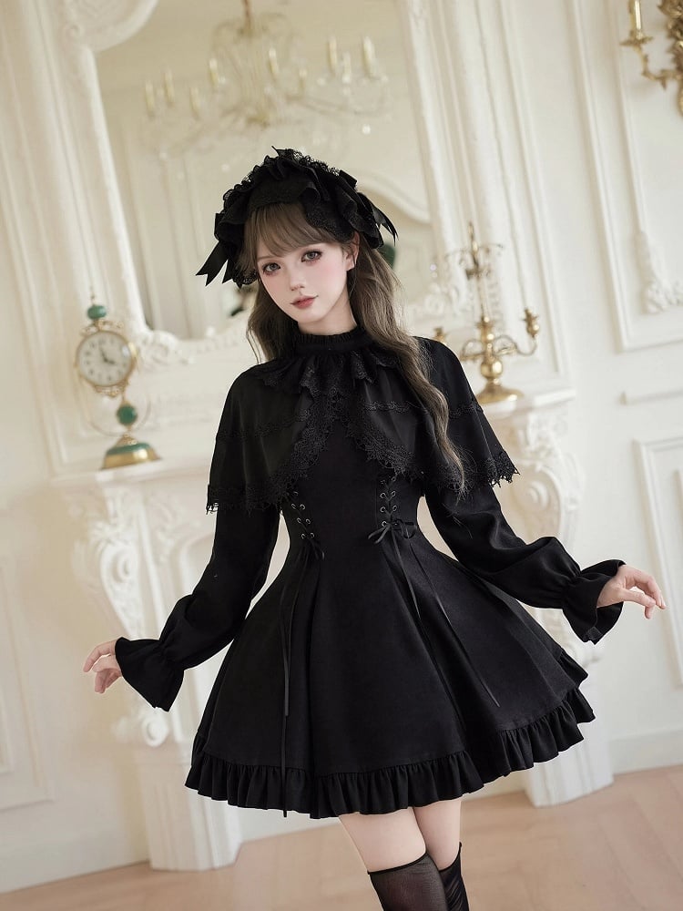 Black Jirai Kei-inspired Lace-up Details Dress with False Two-Piece Cape