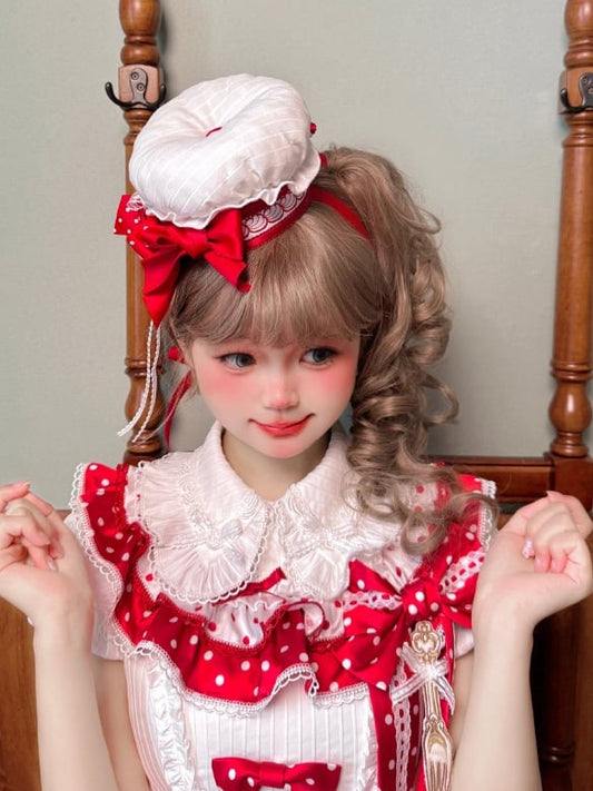Red Polka-dot Bowknots Decoration White Chef Hat