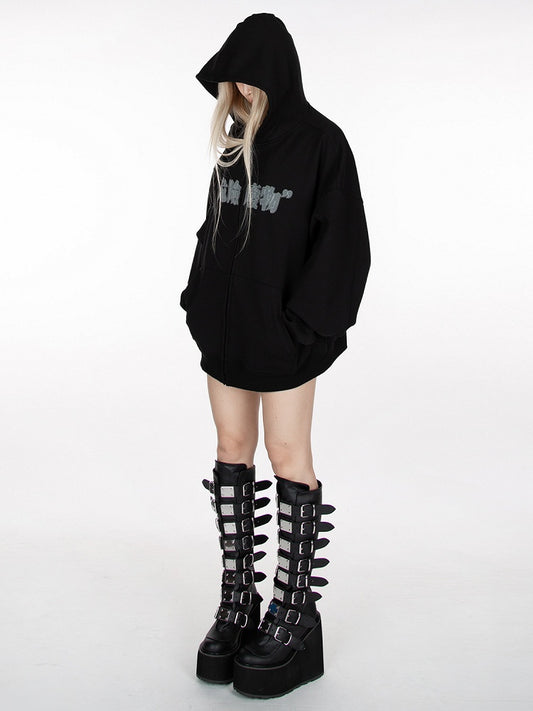 Black Zip Closure Graphic Hoodie