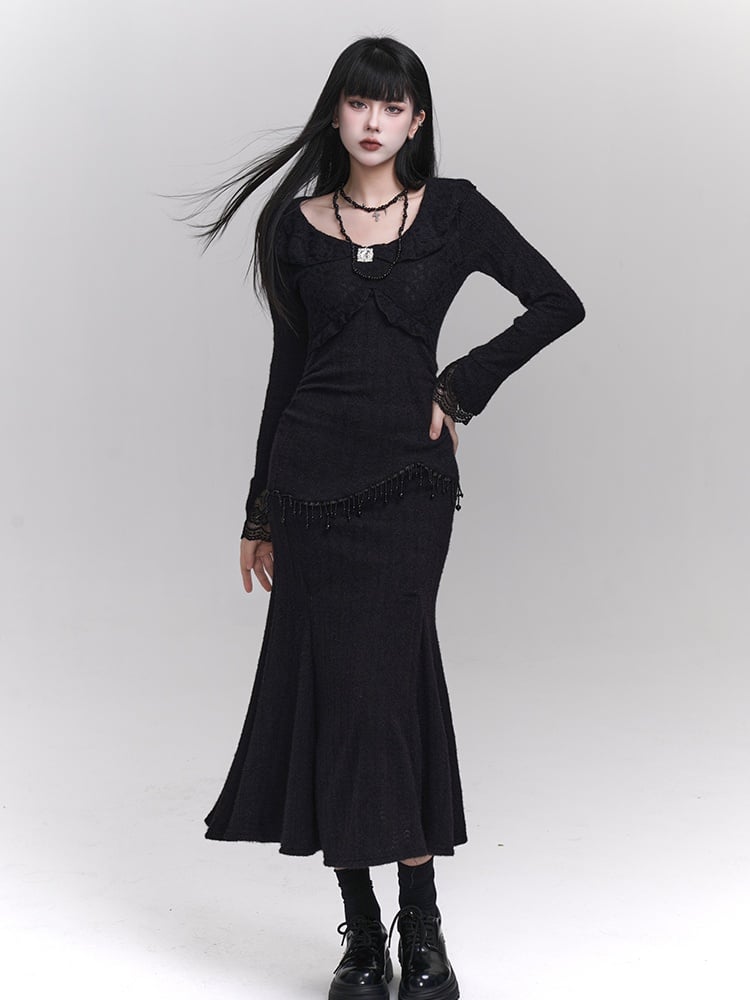 Black Round Neck Bead Details Slim-fitting Mermaid Dress