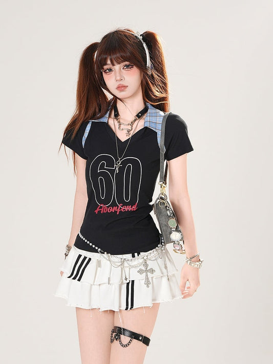 Plaid Polo Collar Number Print Black/Navy Blue Slim-fitting T-shirt