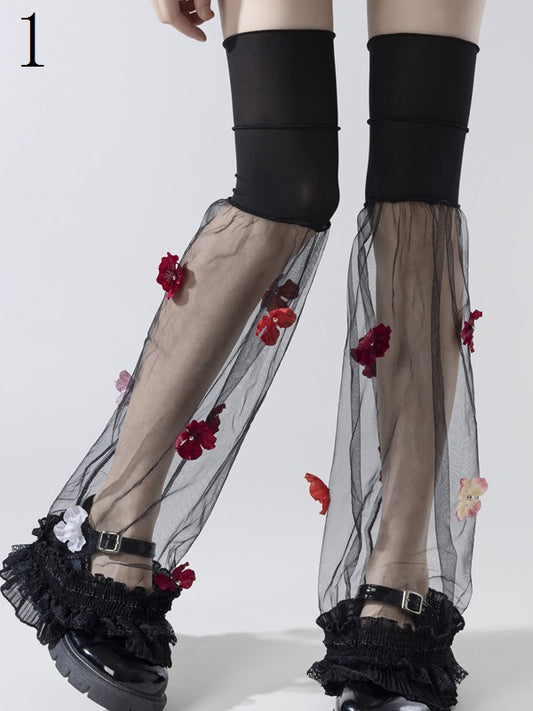 Black/White Semi-sheer Leg Sleeves With Red/Pink/Blue Flowers