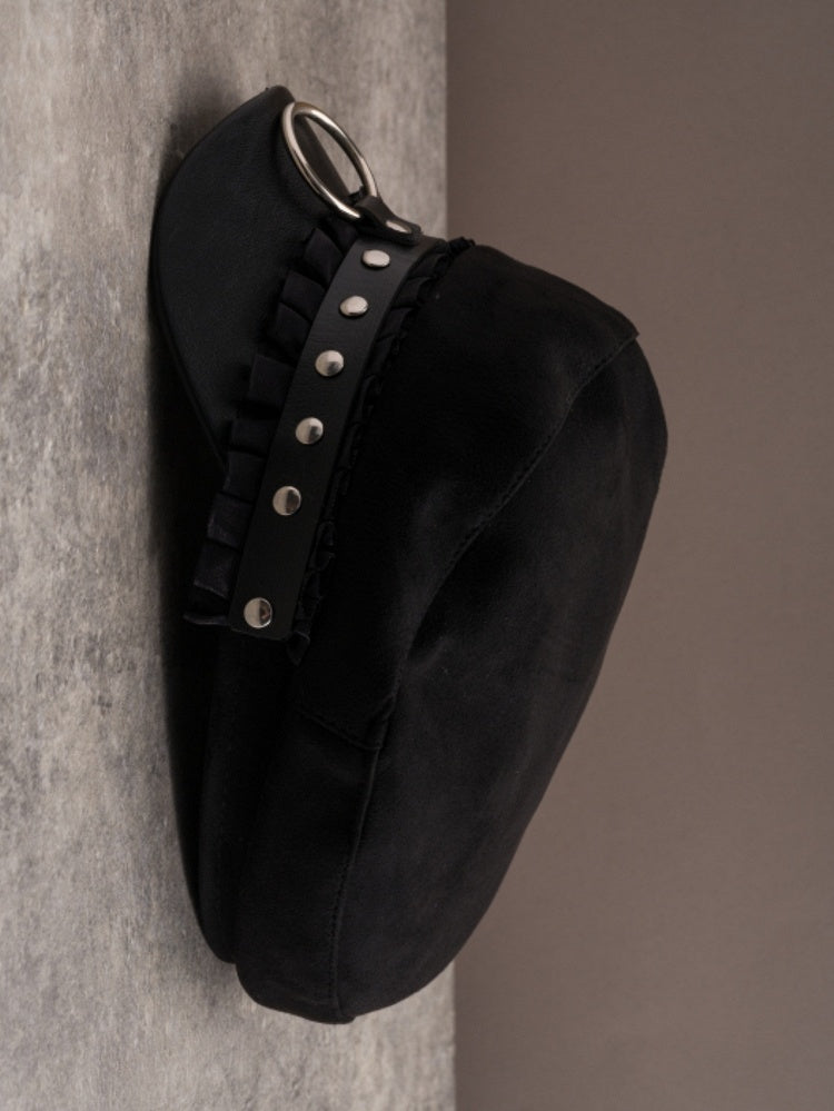 Black Gothic Studs Details Ruffled Trim Beret Hat