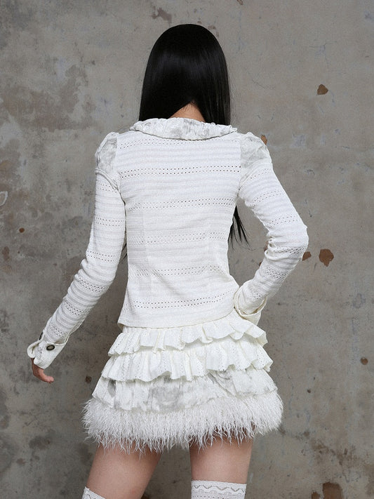 White Punk Tiered A-Line Skirt with Elastic Waist & Faux Fur Trim