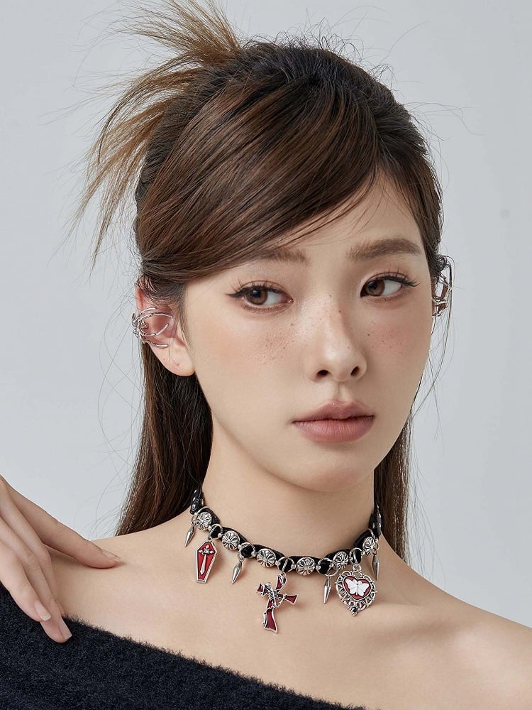 Punk Gothic Black and Red Crosses and Studs Choker