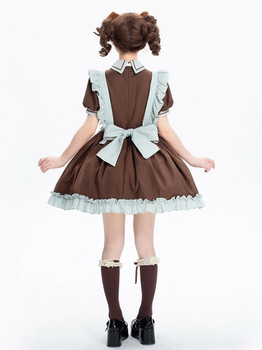 Brown and Mint Green Kitty Maid Lolita Short Puff Sleeves Dress + Apron