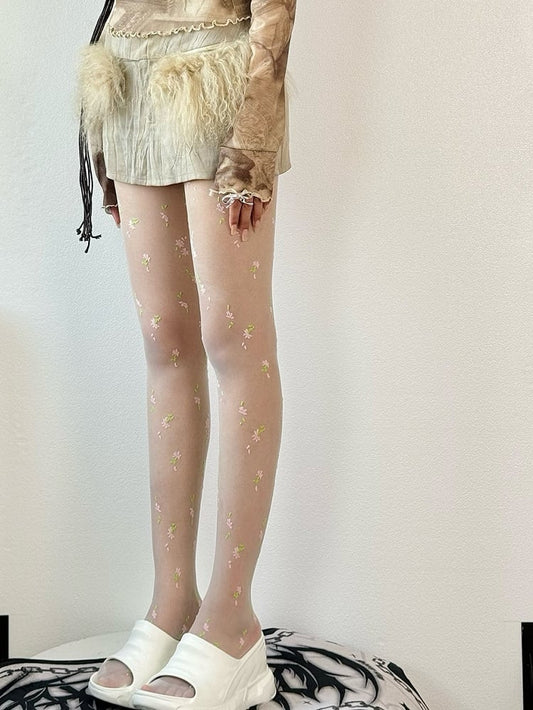 White Floral Details Tights
