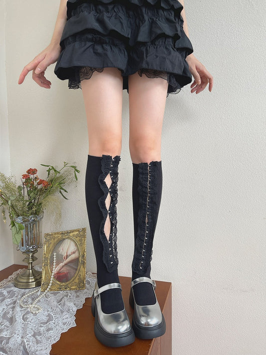 White/Black Ruffle Trim Underknee Stockings