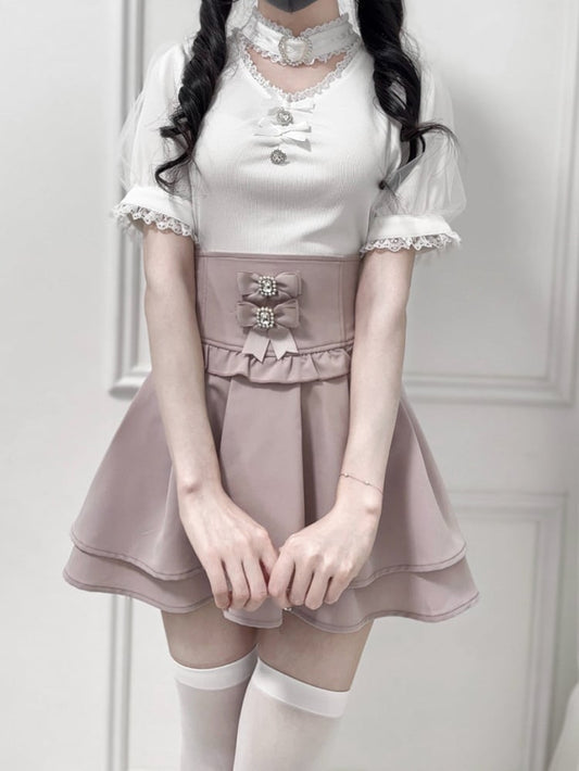 Dusty Pink Jirai Kei Corset Waist Double-Layered Skirt with Detachable Bowknots