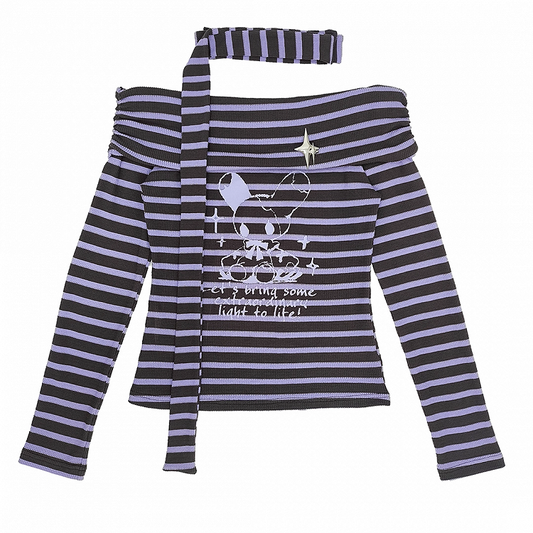 Y2K Off-the-shoulder Neckline Purple and Gray Striped Top with Free Scarf