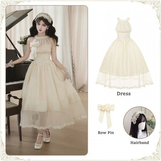 Elegant Beige Boned Basque Waist Illusion Halter Neck Dress + Detachable Flower Bow + Hairband