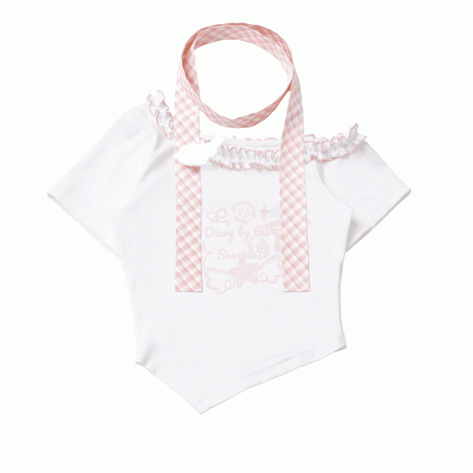 Pink/Baby Blue Starfish and Seashell Print Ruffled Asymmetrical Neckline T-shirt with Plaid Scarf
