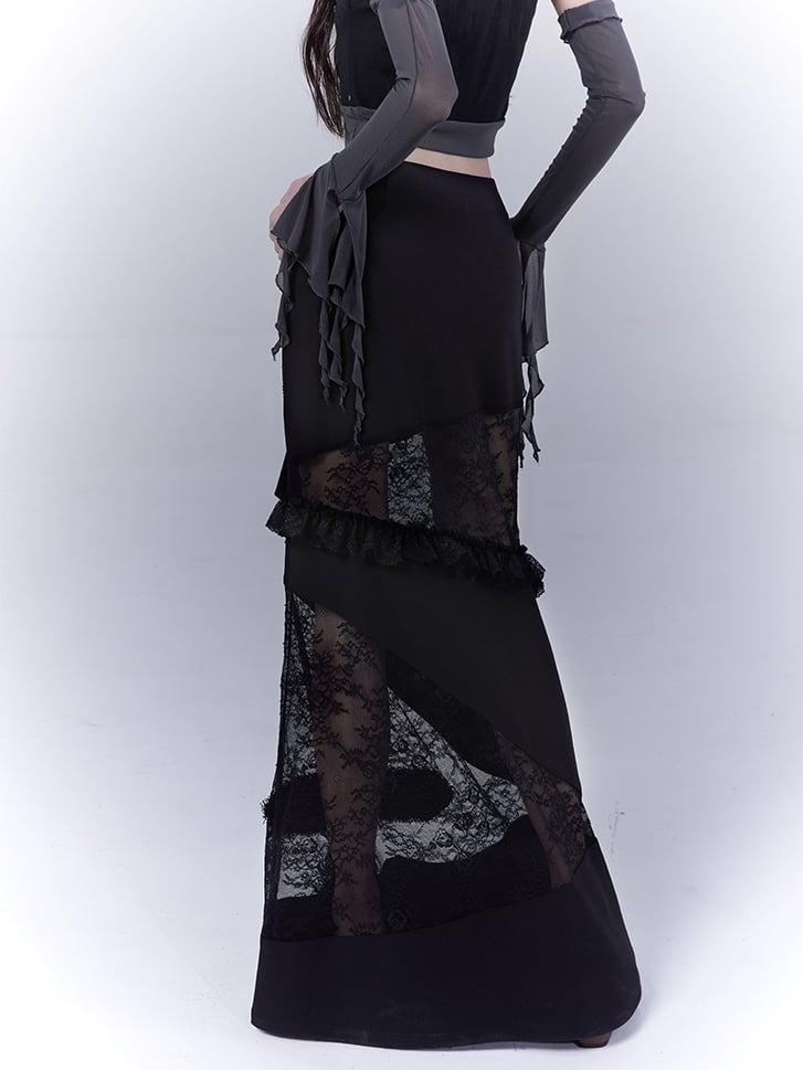 Black Low Waist Lace Patches Cross Applique Punk Skirt with Buckle Belt