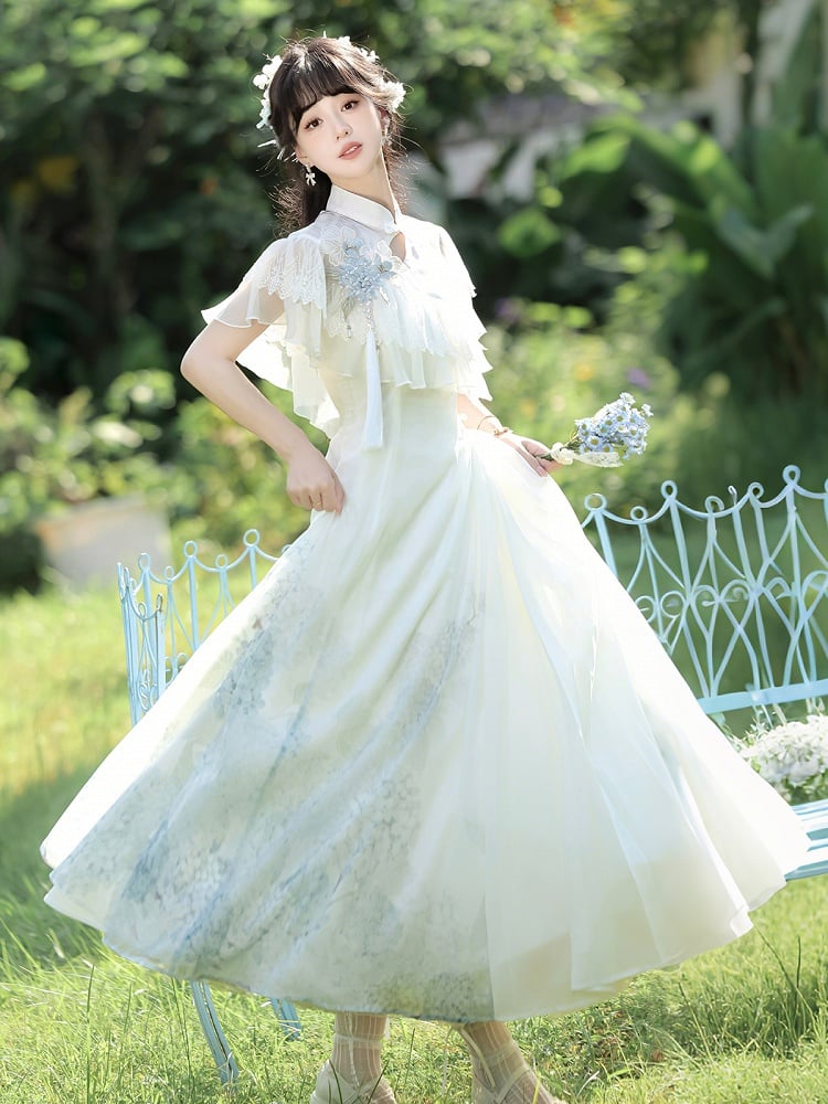 Hydrangea Print White Elegant Classic Lolita Dress with Lace Shawl