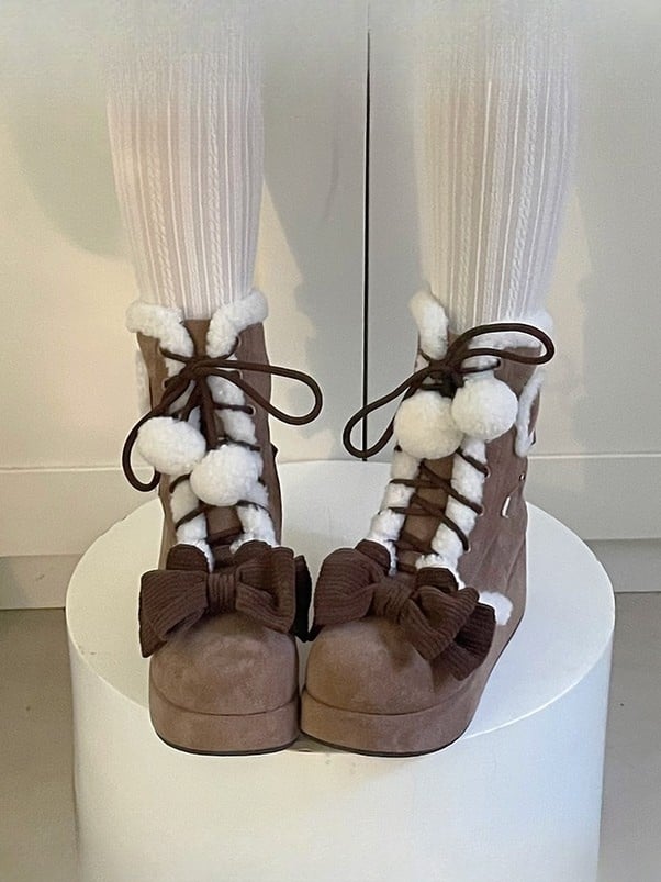 Brown Sweet Lolita Platform Snow Boots - 6cm/8.5cm Sole Options with Heart Patches & Pompom Charm Laces