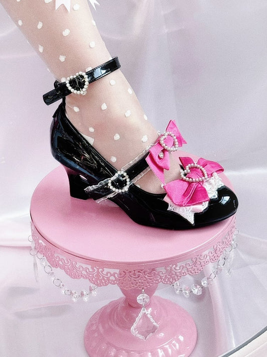 Black and Pink Gyaru Fashion Heart Cut-out Wedge Heels Mary Janes Jirai Kei Shoes