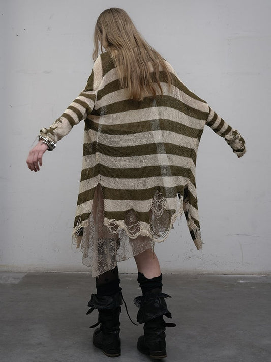 Green Wasteland Punk Striped Pattern Cardigan