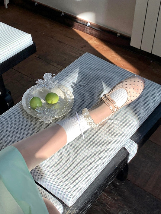 Black/White Cut-out Design Bowknot And Beaded Decorated Calf Socks