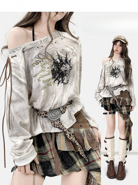 White Wasteland Punk Letter Print Self-tie Strap Tie Dye Design Sweatshirt