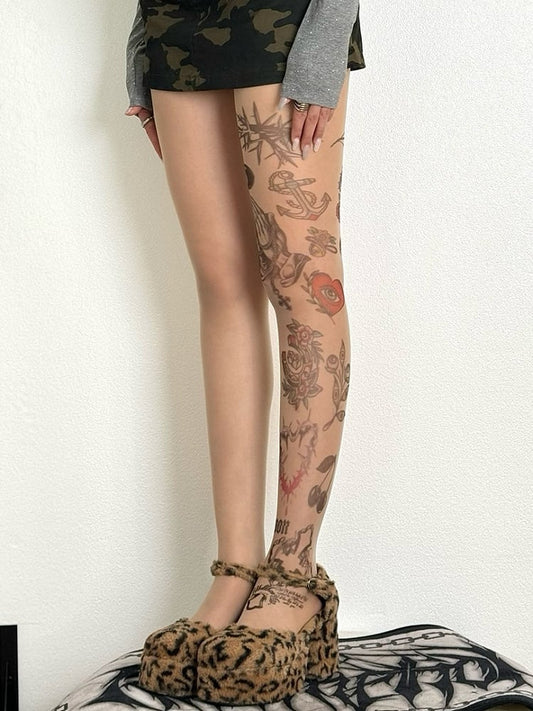 Nude Heart And Thorns Print Tights