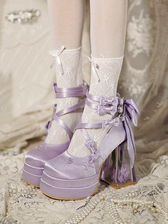 Purple Camellia Flower High Block Heel Elegant Platform High Heels