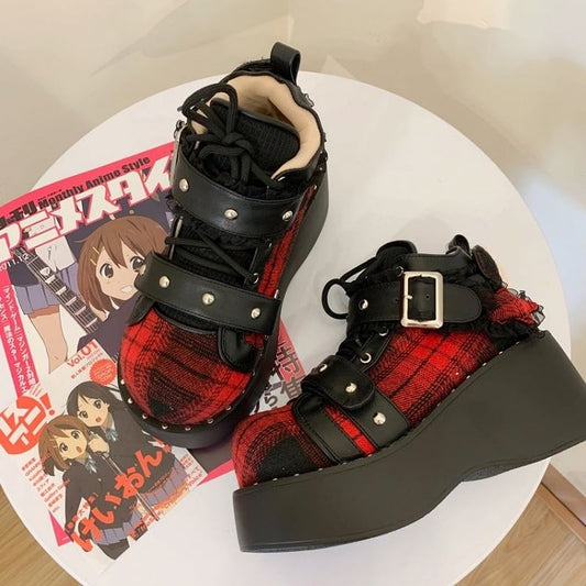Multi-Strap Design, Plaid Pattern & Studs Details Black & Red Platforms in Gothic