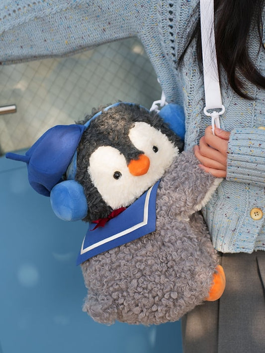Gray Cute Penguin Plush Backpack/Crossbody Bag + Blue Hat + Sailor Collar Middle/Large Size