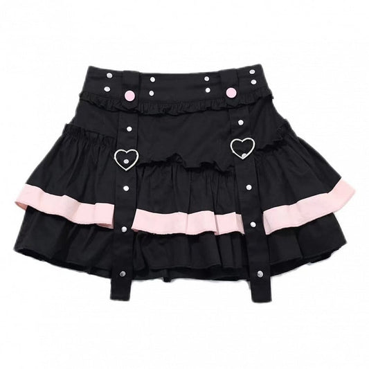 Black and Pink Tiered Ruffles Mini Skirt