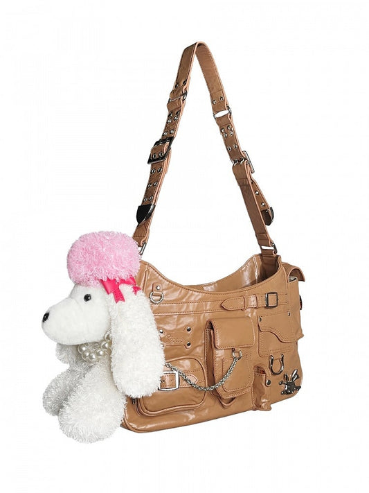 Black/Brown Plush Puppy PU Shoulder Bag