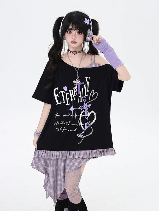 Asymmetrical Red/Purple Plaid Hem Black Punk Rock Graphic T-Shirt