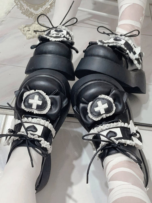 Clearance-Size 39 Jirai Kei Black Yami Kawaii Cross Bowknot Lace-up Detail Platform Shoes Thicken Version