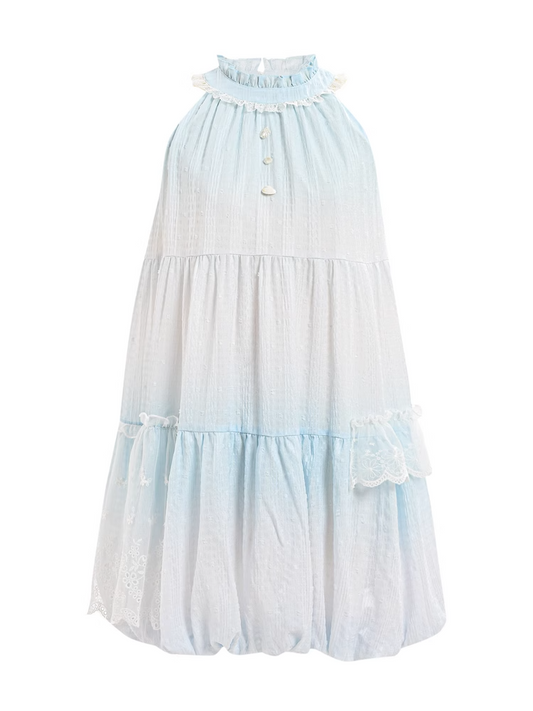 Light Blue Ruffled Halter Neck Bead Buttons Sleeveless Dress Bubble Skirt