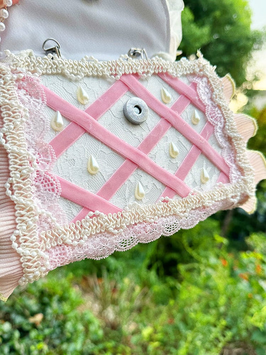 Light Pink Bow Accent Strawberry Charm Sweet Lolita Bag with Silver-toned Chain Strap