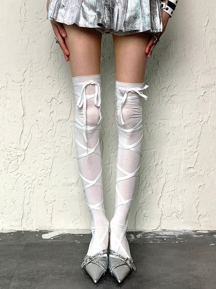 White/Black/Gray Crisscross Self-tie Straps Overknee Stockings
